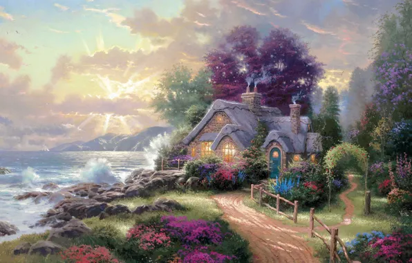Картинка waves, flowers, clouds, rocks, garden, Thomas Kinkade, cottage, path