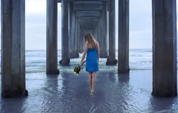 Картинка море, девушка, цветы, мост