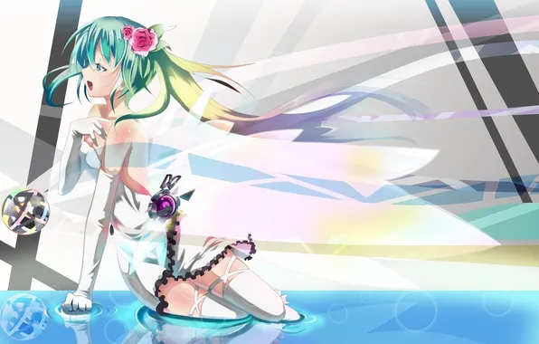 Девушка, поверхность, цветы, абстракция, отражение, vocaloid, hatsune miku, пение