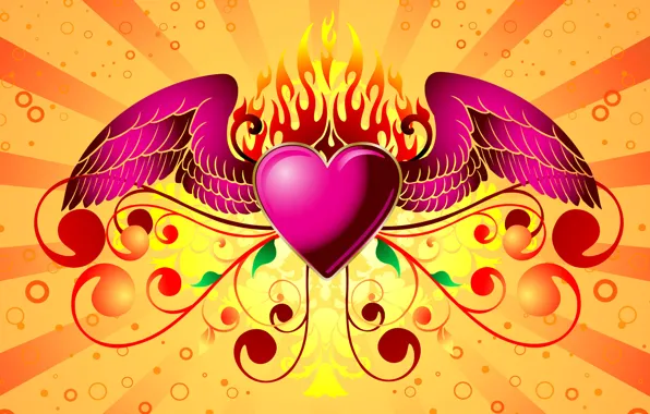 Картинка любовь, фон, огонь, сердце, крылья, день святого валентина, heart, valentines day