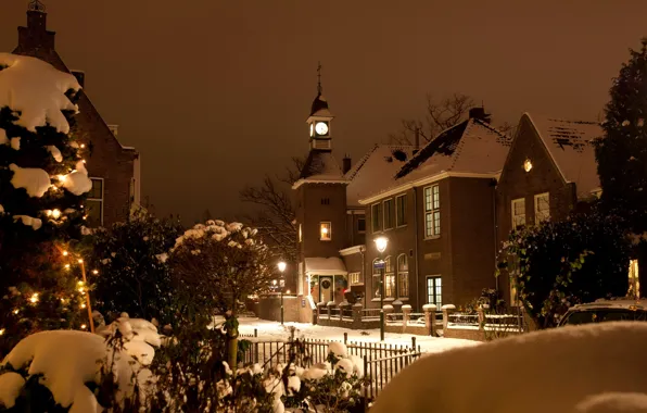 Картинка зима, свет, снег, город, улица, здания, рождество, вечер