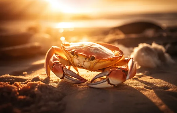 Песок, море, солнце, свет, закат, рассвет, берег, краб