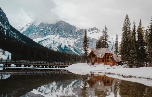 Картинка house, forest, Canada, sky, trees, nature, bridge, winter