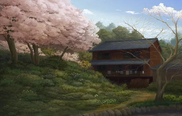 Картинка пейзаж, дом, дерево, весна, сакура, арт, дорожка, juuyonkou