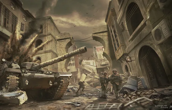 Картинка город, война, солдаты, танк