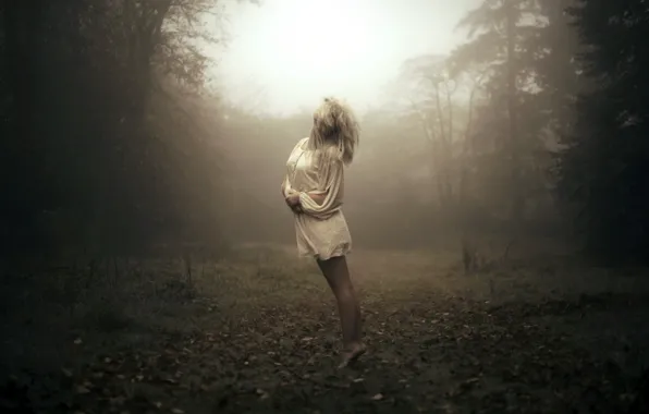 Картинка лес, девушка, туман