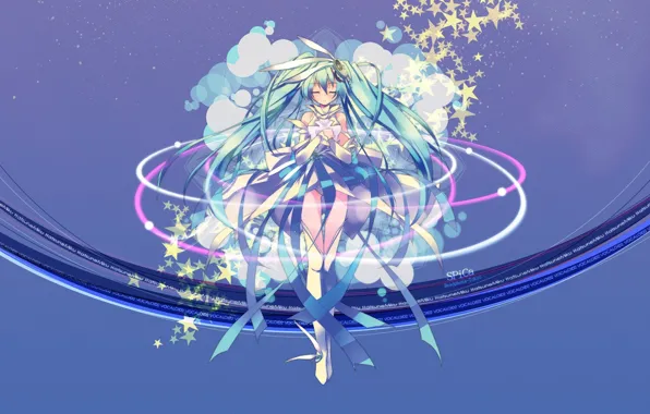 Круги, vocaloid, Hatsune Miku, белое платье, звездочки, вокалоид, голубой фон, закрыла глаза