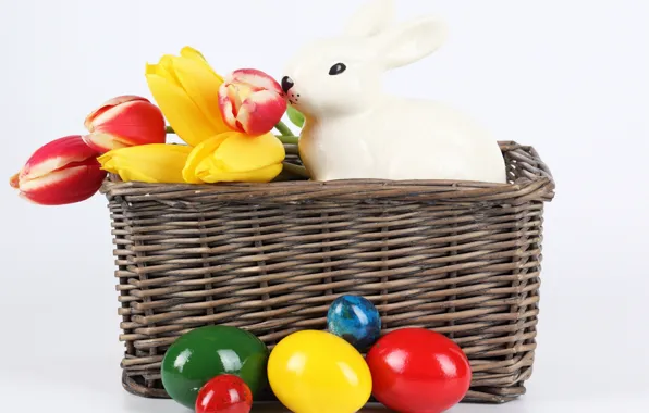 Цветы, яйца, весна, кролик, Пасха, тюльпаны, spring, Easter