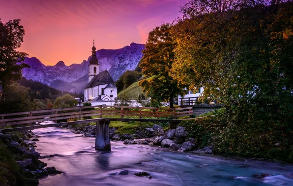 Картинка осень, деревья, горы, мост, река, Германия, Бавария, церковь