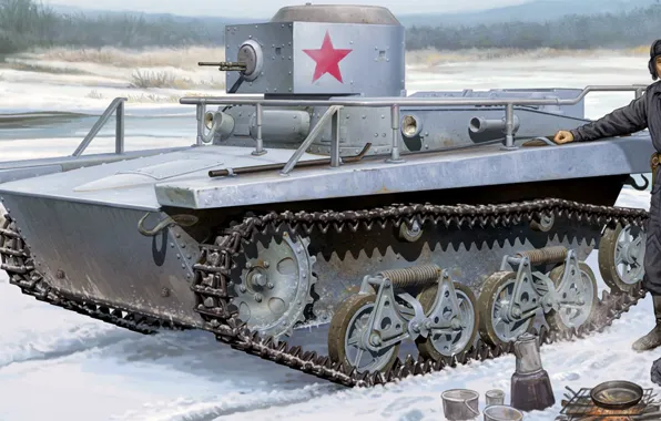 Снег, рисунок, арт, РККА, привал, Т-37А, отдых советских танкистов, типа разведывательный танк