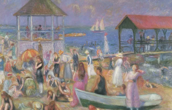 Картинка море, пляж, люди, отдых, лодка, картина, жанровая, Уильям Глакенс