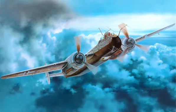 Небо, самолет, рисунок, арт, многоцелевой, немецкий, двухмоторный, WW2