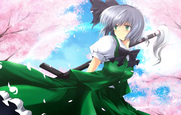 Девушка, улыбка, оружие, настроение, сакура, touhou, art, konpaku youmu