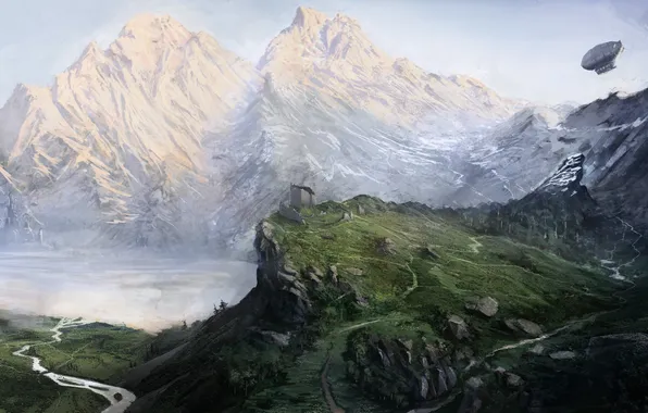 Картинка зелень, снег, пейзаж, горы, озеро, река, холмы, арт