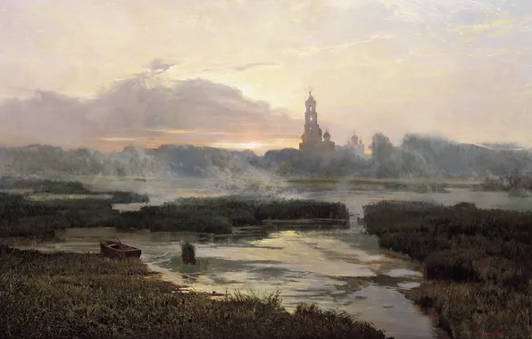 Картинка закат, река, лодка, картина, церковь