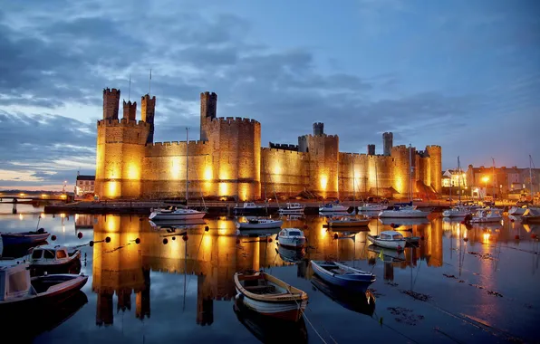 Картинка city, замок, Англия, дома, яхты, лодки, вечер, Великобритания