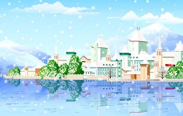 Картинка зима, небо, снег, деревья, пейзаж, горы, природа, город