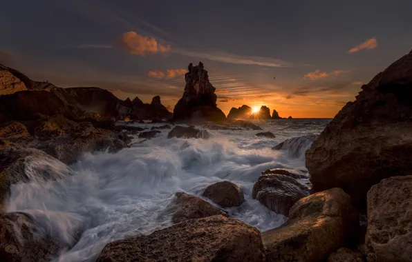 Картинка закат, камни, океан, скалы, прибой, Испания, Spain, Бискайский залив