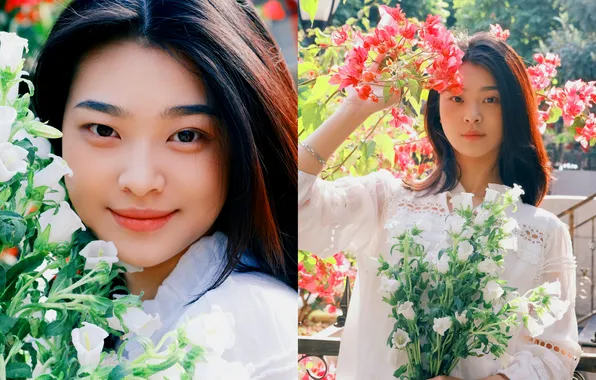 Beautiful, Asian, Model, Flowers, Smile, Woman, Bouquet, Cute
