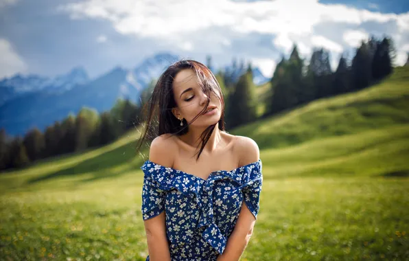 Картинка girl, grass, sky, long hair, dress, trees, field, landscape