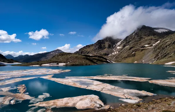 Вода, облака, горы, простор, space, льдины, water, mountains