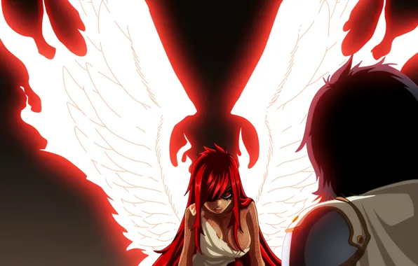 Red, girl, game, red hair, dress, anime, wings, red eyes