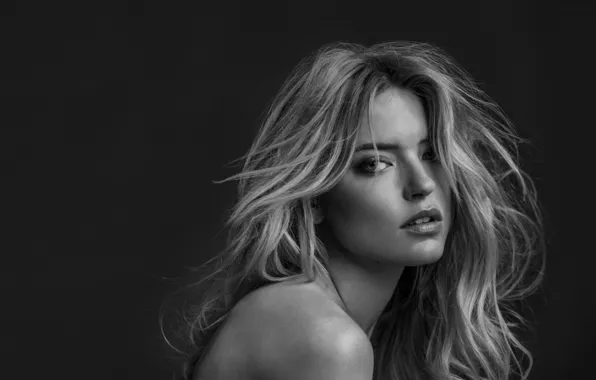 Модель, волосы, блондинка, черный фон, черно - белое, Марта Хант, Martha Hunt