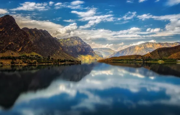 Картинка sky, trees, landscape, nature, mountains, clouds, lake, reflection