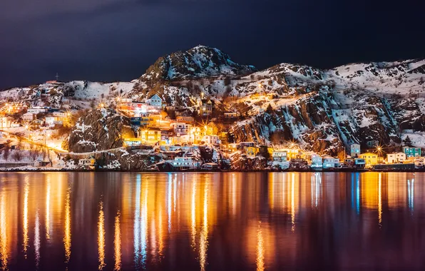 Картинка World, Canada, Island, Lake, Reflections, Newfoundland, Night lights