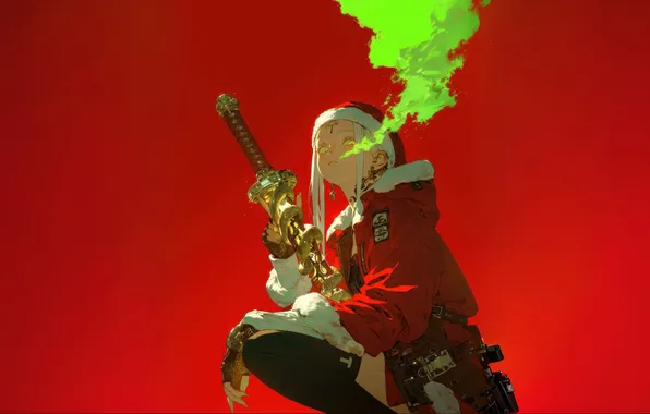 Smoke, anime girls, white hair, simple background, red background, Santa costume, AI art, holding sword