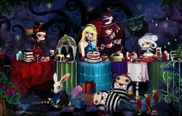 Картинка мышь, кролик, столы, лягушки, торт, Алиса в стране чудес, Шляпник, Чешир