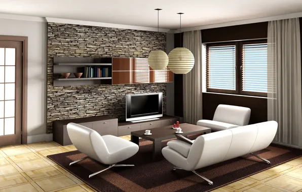 Картинка диван, ковер, кресло, телевизор, окно, столик