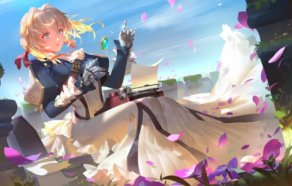 Девушка, цветы, аниме, арт, киборг, Violet Evergarden