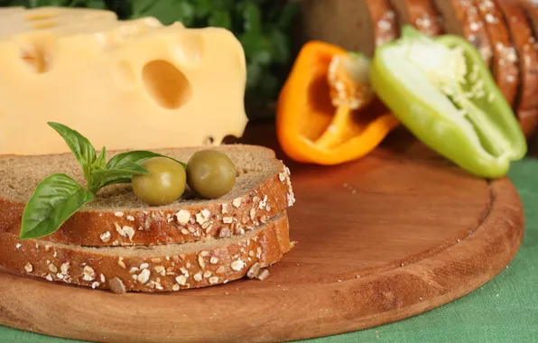 Картинка сыр, хлеб, перец, оливки, ломтики, продукты