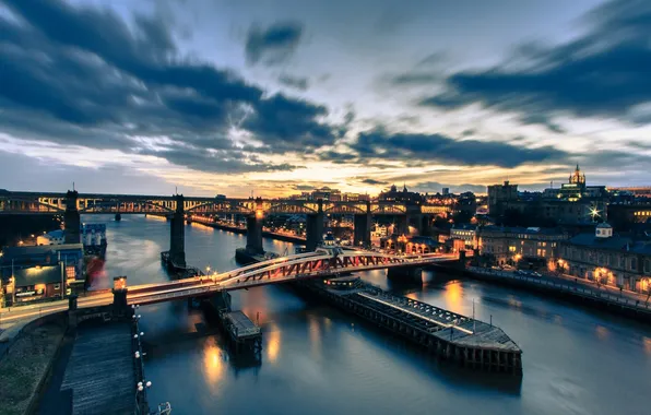 Мост, Англия, мосты, ночной город, Ньюкасл, England, Newcastle, Swing Bridge
