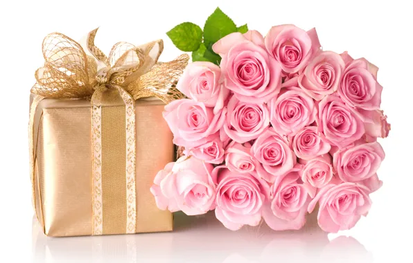 Цветы, коробка, подарок, букет, бант, розы. розовые