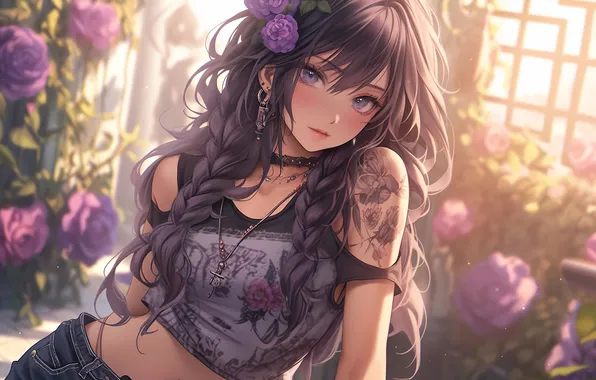 Картинка девушка, rose, long hair, flowers, tattoo, jeans, brunette, anime girls