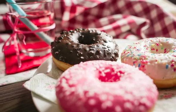 Еда, colorful, пончики, напиток, десерт, глазурь, breakfast, donuts