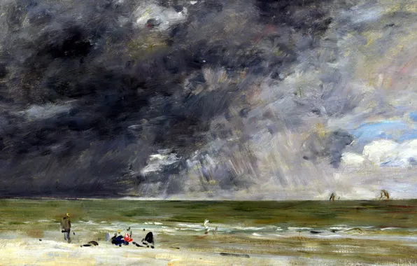 Пейзаж, тучи, картина, Эжен Буден, Пляж в Трувилле