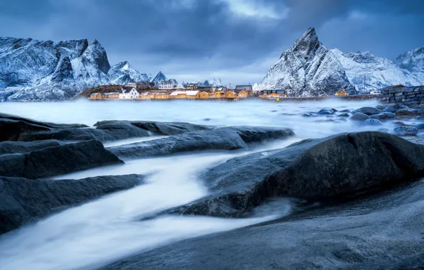 Картинка зима, снег, горы, камни, выдержка, Норвегия, поселок, фьорд