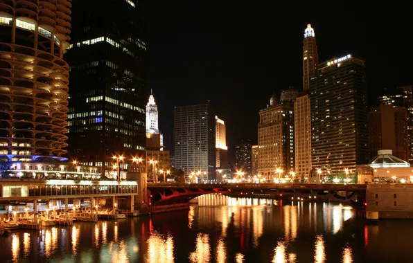 Картинка ночь, мост, city, дома, Чикаго, Chicago, высотки, река.