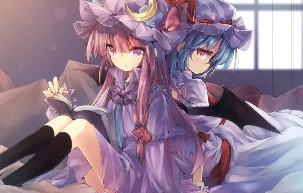 Картинка девушки, кровать, крылья, книга, touhou, remilia scarlet, art, читает