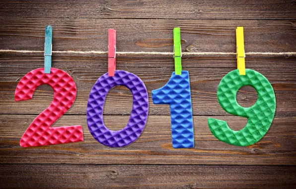 Фон, colorful, Новый Год, цифры, wood, background, New Year, Happy