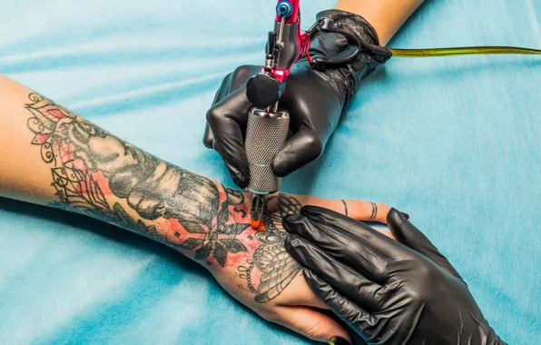 Design, tattoo, gloves, tattoo machine