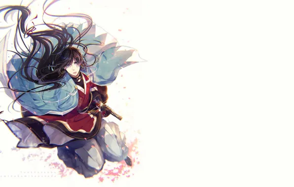 Взгляд, меч, катана, лепестки, парень, Touken Ranbu, Танец Мечей, Izumi no Kami Kanesada
