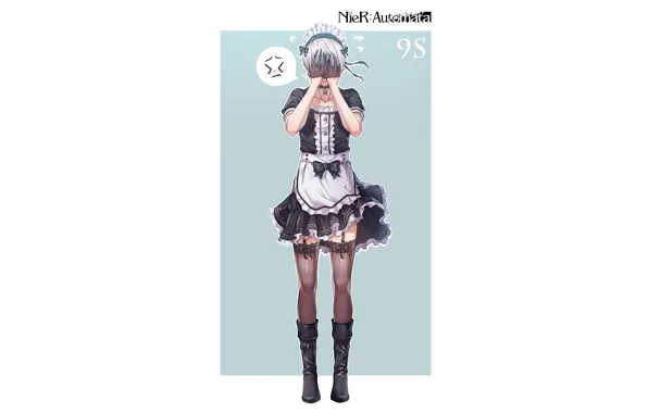 Мальчик, арт, прикол, повязка на глаза, горничная, Nier Automata, YoRHa No 9 Type S