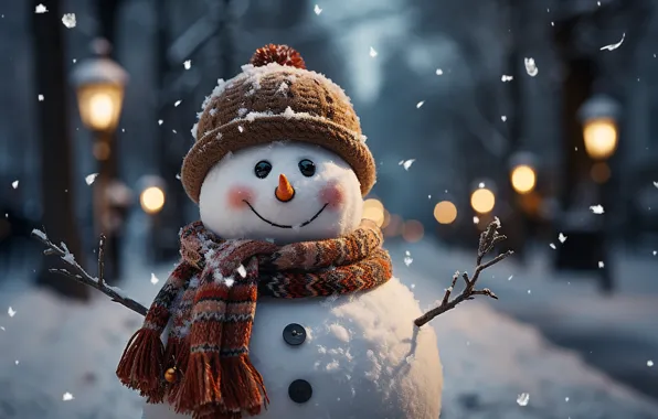 Зима, снег, Новый Год, Рождество, снеговик, happy, Christmas, night