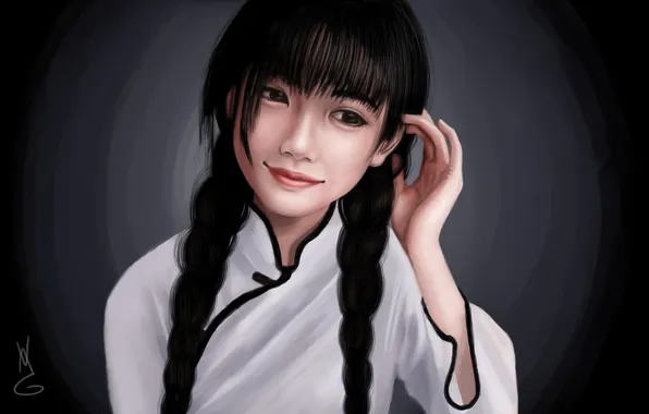 Картинка девушка, лицо, арт, азиатка, косы