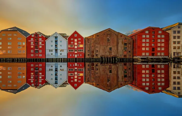Отражение, дома, Norway, Trondheim