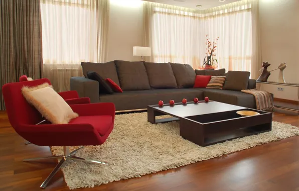 Картинка красный, дизайн, стиль, комната, диван, интерьер, кресло, квартира